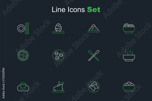 Set line Chow mein on plate, Dumpling, Roasted turkey or chicken, Soy sauce bowl, Ramen soup, Food chopsticks, Sushi and Homemade pie icon. Vector