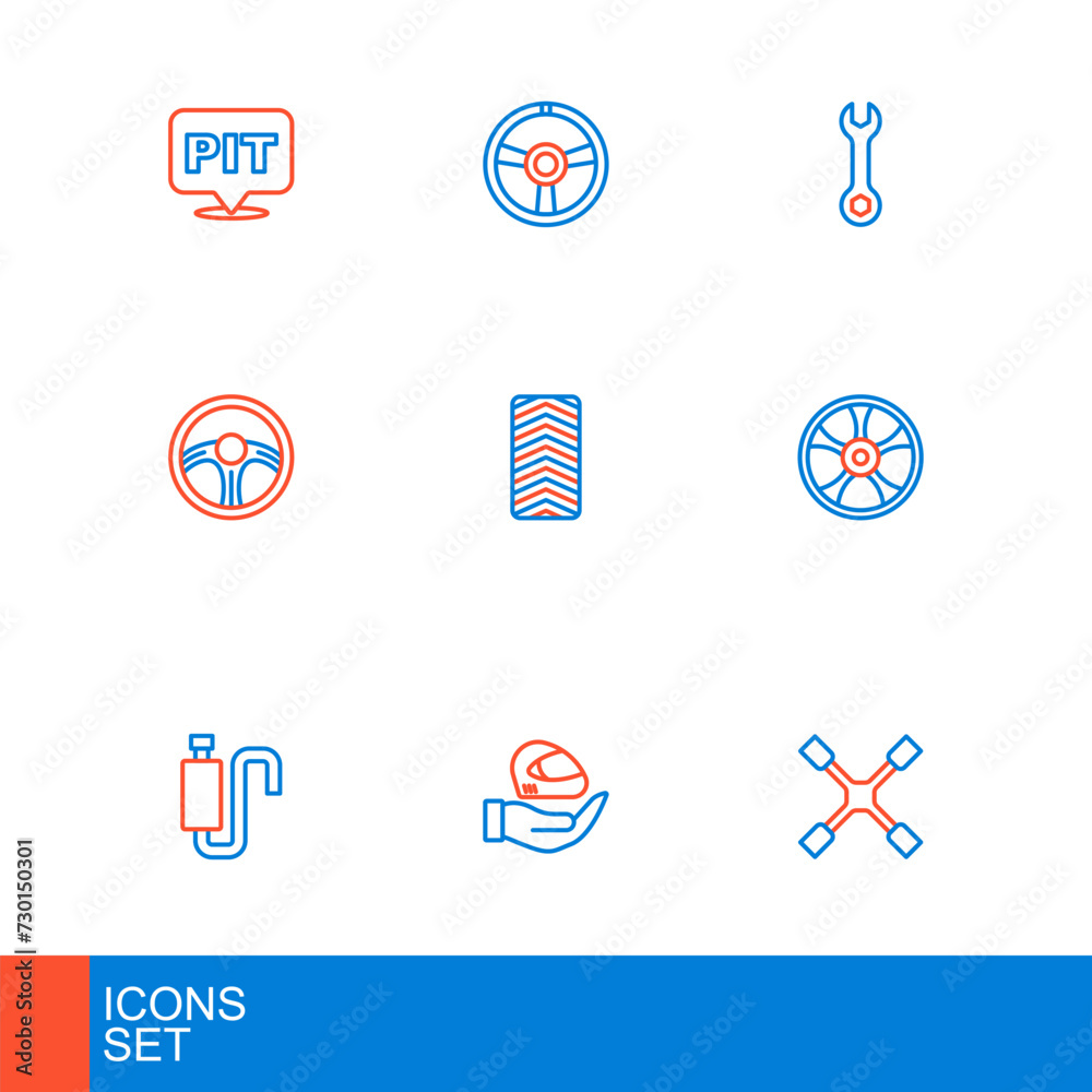 Set line Wheel wrench, Racing helmet, Car muffler, Alloy wheel for car, steering, tire, Wrench spanner and icon. Vector Set line Wheel wrench, Racing helmet, Car muffler, Alloy wheel for car, steering, tire, Wrench spanner and icon. Vector