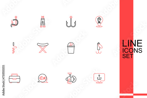 Set line Fishing hook, Spinning reel for fishing, lure, Fisherman hat, harpoon and Hand ice drill icon. Vector