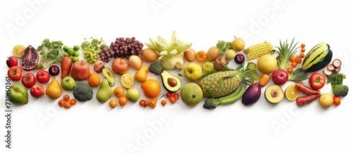 Fresh fruits and vegetables on a white background. Healthy food concept.