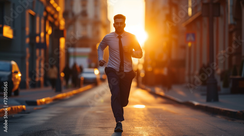 Running man jogging in city at sunset. Sport fitness model caucasian ethnicity training outdoor.
