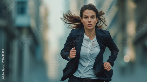 Young businesswoman running in the city. Business woman jogging outdoors.