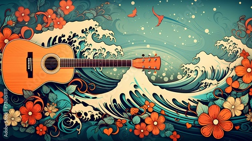 an acoustic guitar in the waves with flowers in vintage atmosphere