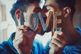 Couple d'hommes  qui s'embrassant tout en tenant un signe écrit d'amour