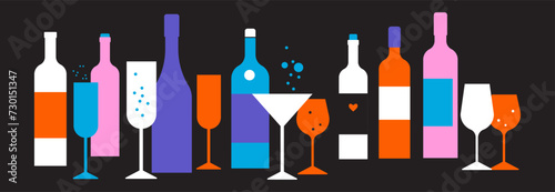 A set of vector flat bottles, glasses of wine. Cocktail, alcohol beverage. Labels without titles. Illustration for bar, cafe, restaurant menu design. Wine tasting. Modern vector elements on black