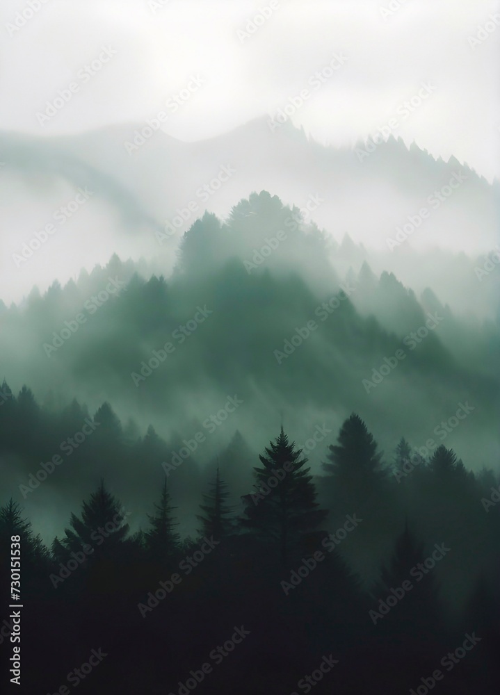 Explore the Beauty of 35mm Photography - Captivating Silhouetted Pine Trees, Misty Mountains, and a Moody Green-Toned Sky