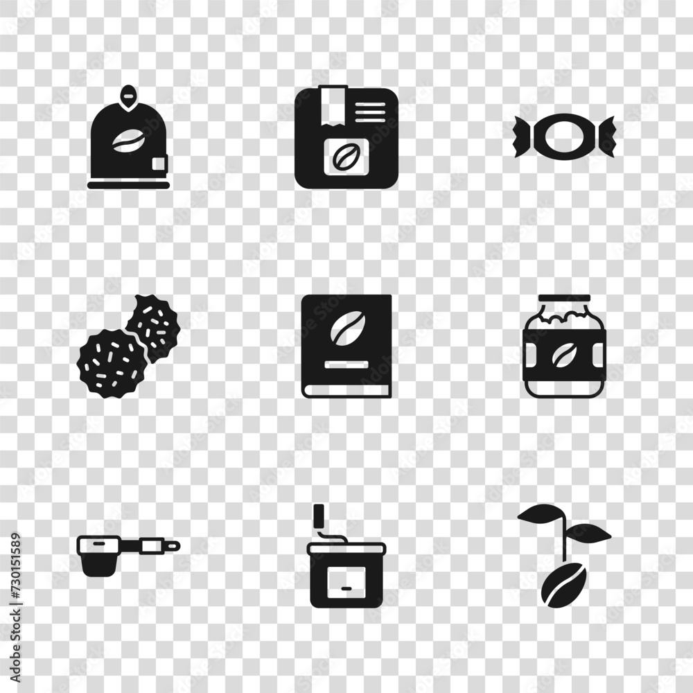 Set Manual coffee grinder, Coffee jar bottle, beans, book, Candy, Bag, and Cookie or biscuit icon. Vector Set Manual coffee grinder, Coffee jar bottle, beans, book, Candy, Bag, and Cookie or biscuit icon. Vector