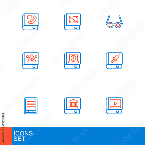 Set line Book about cinema, Law book, E-Book reader, weapon, Ancient magic, User manual, Glasses and geometry icon. Vector