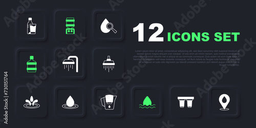 Set Water filter cartridge, drop with location, Shower, Big bottle clean water, cooler and jug icon. Vector
