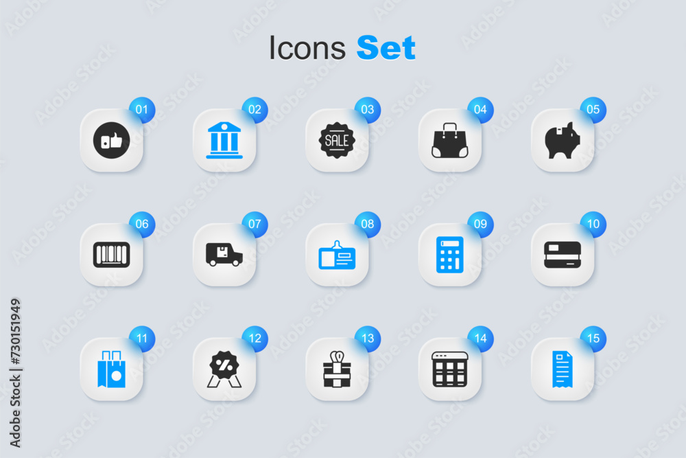 Set Online shopping on screen, Delivery cargo truck, Bank building, Paper bag, Financial check, Credit card, Hand like and Identification badge icon. Vector Set Online shopping on screen, Delivery cargo truck, Bank building, Paper bag, Financial check, Credit card, Hand like and Identification badge icon. Vector