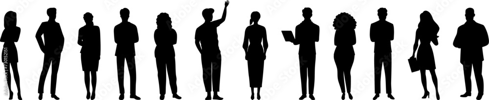 silhouettes of people working group of standing business people vector illustration on isolated transparent background.