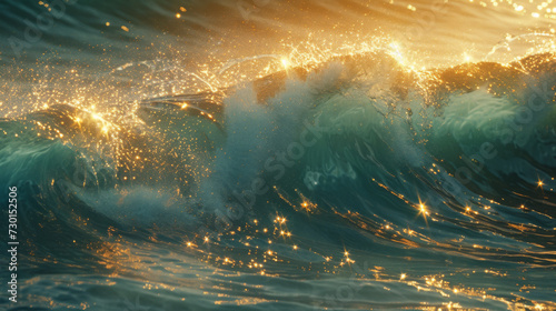 The edge of a wave with sunbeams in the water. © imlane