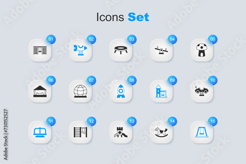 Set Horse in saddle swing, Playground climbing equipment, Swing plane, Attraction carousel, for kids, Swedish wall and Rocket ship toy icon. Vector