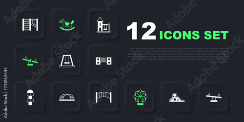 Set Slide playground, Seesaw, Swing for kids, Ferris wheel, Monkey bar, Horse saddle swing and Playground bridge icon. Vector