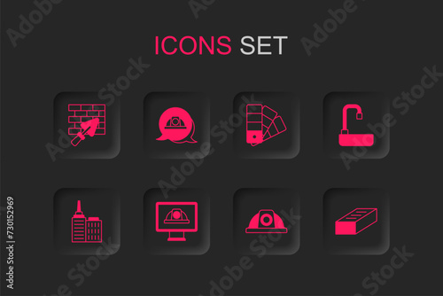Set Worker safety helmet, Brick wall with trowel, Washbasin, Color palette guide and City landscape icon. Vector