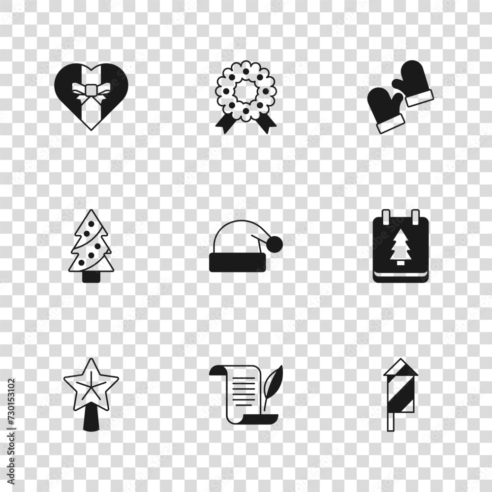 Set Envelope, Christmas day calendar, Firework rocket, Santa Claus hat, mittens, Gift box, wreath and tree icon. Vector