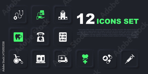 Set Medicine pill or tablet, Syringe, Emergency call 911, Ethnoscience, Dental clinic location, Clinical record laptop, Blood donation and Ambulance car icon. Vector
