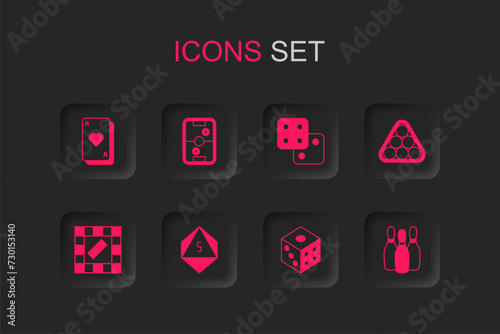 Set Game dice, Air hockey table, Playing cards, Billiard balls triangle, Bowling pin, and Board game icon. Vector