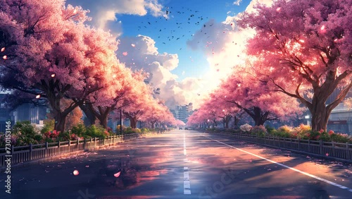 Spring is coming, the city during spring and beautiful cherry blossom trees decorate the city street. seamless looping 4k time-lapse animation video background