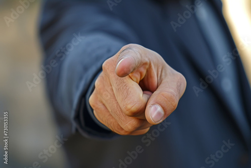 Businessman pointing his finger at a camera.