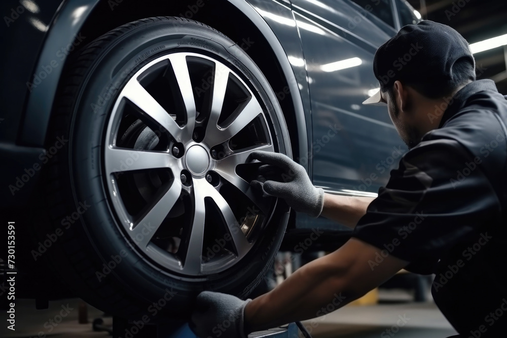 Mechanic changing car tire at repairing service 