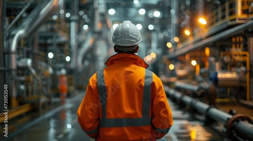 Back view of a worker in high visibility clothing inspecting operations in an industrial plant