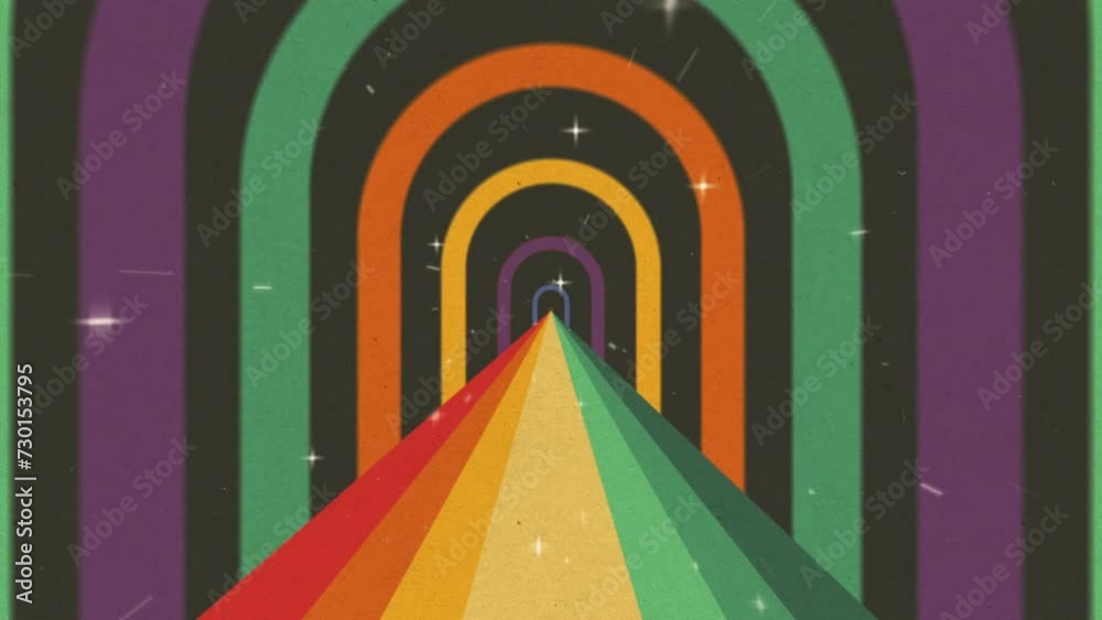 Looped retro dark colorful background with rainbow road and cosmic gates, pop art, grainy texture, 4k animation cartoon footage