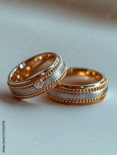 Two gold wedding rings with diamonds on a white background, close up