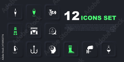 Set Outboard boat motor, Fishing float, Campfire and pot, boots, Fisherman pants, hook, lure and icon. Vector