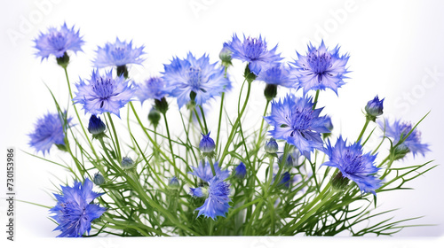 Field flower, blue cornflower, freshness. White background.