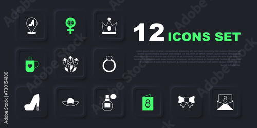 Set Gift bow, Envelope with 8 March, Flower tulip, Greeting card, Coffee cup and heart, Elegant women hat, International Women Day and Perfume icon. Vector