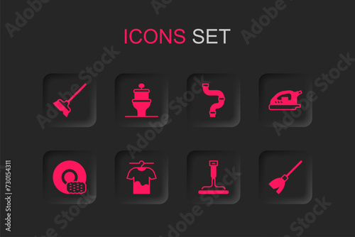 Set Drying clothes, Toilet bowl, Mop, Rubber cleaner for windows, Electric iron, Handle broom, Industry metallic pipe and Washing dishes icon. Vector
