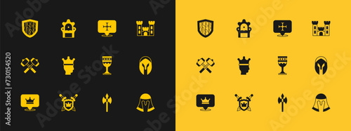 Set Castle, Shield with swords, Medieval goblet, axe, King crown, Crusade, and throne icon. Vector