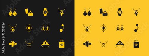 Set Pendant on necklace, Locket, Earrings, King crown, Gem stone, Wrist watch, and Diamond engagement box icon. Vector