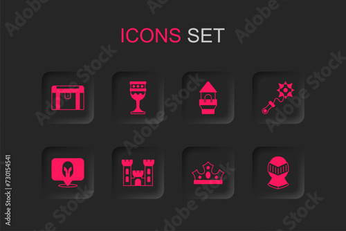 Set Castle, Medieval goblet, Antique treasure chest, King crown, Mace with spikes, helmet, tower and icon. Vector