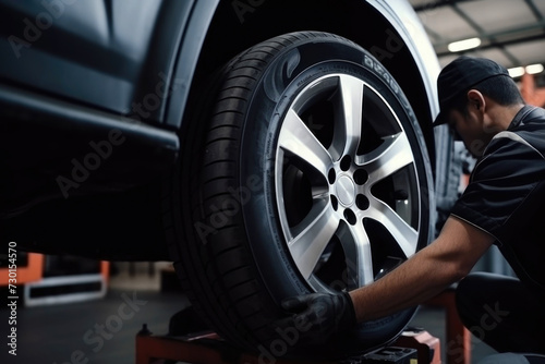 Mechanic changing car tire at repairing service  © pilipphoto