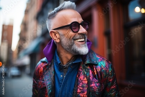 Portrait of a happy senior man in sunglasses in the city.