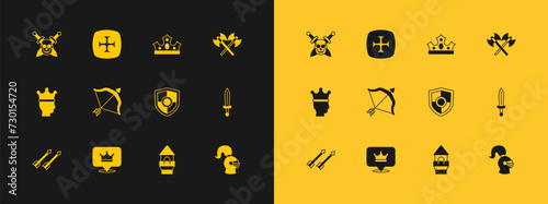 Set Crossed medieval axes, King crown, Shield, Castle tower, Medieval bow and arrow, Skull with sword and Crusade icon. Vector