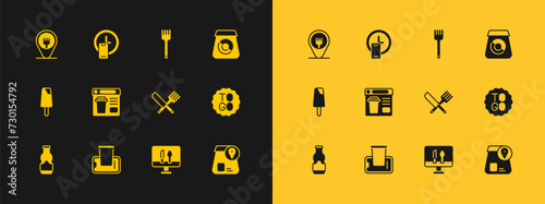 Set Online ordering food, Food on mobile, Crossed knife and fork, Fork, Cafe restaurant location and Round the clock delivery icon. Vector