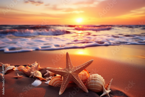 Summer background with sandy beach, shells and starfish at sunset