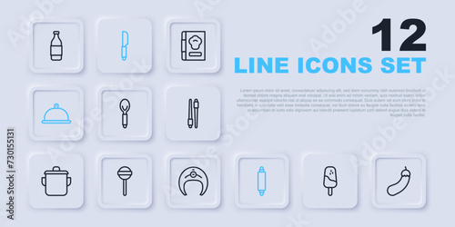 Set line Ice cream, Eggplant, Spoon, Rolling pin, Covered with tray of food, Lollipop, Knife and Fish steak icon. Vector