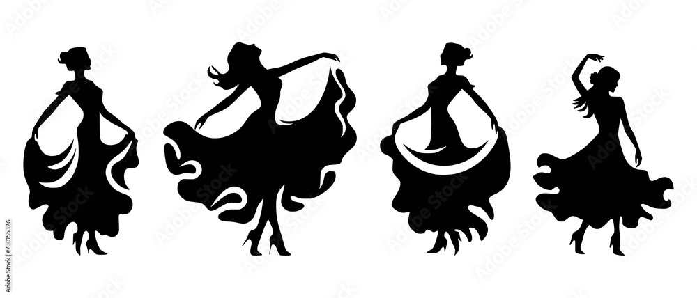 Silhouettes of Female Dancers in Stylish Moves and Poses black filled vector Illustration