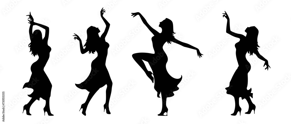 Silhouettes of Female Dancers in Stylish Moves and Poses black filled vector Illustration