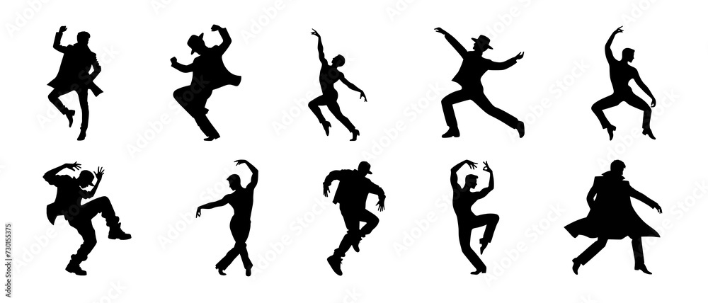 Silhouettes of Male Dancers in Stylish Moves and Poses black filled vector Illustration Silhouettes of Male Dancers in Stylish Moves and Poses black filled vector Illustration