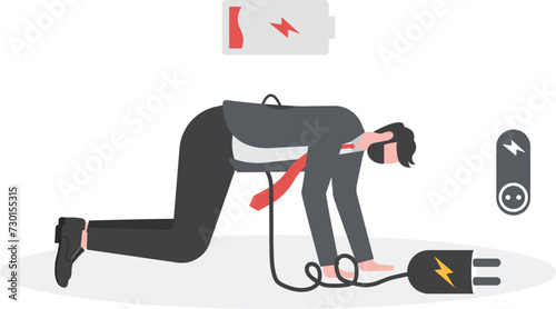 Businessman with low battery ​indicator crawling to electric plug for charging his power

