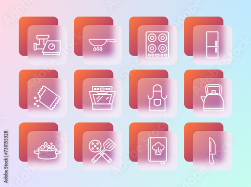 Set line Refrigerator, Spatula, Kitchen apron, Cookbook, Oven, Gas stove, meat grinder and Frying pan fire icon. Vector