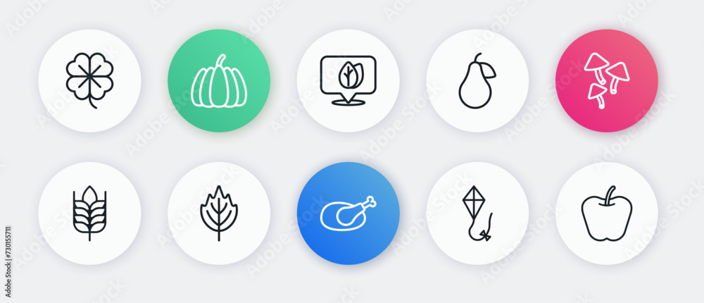 Set line Roasted turkey or chicken, Mushroom, Wheat, Kite, Pear, Location with leaf, Apple and Leaf icon. Vector Set line Roasted turkey or chicken, Mushroom, Wheat, Kite, Pear, Location with leaf, Apple and Leaf icon. Vector
