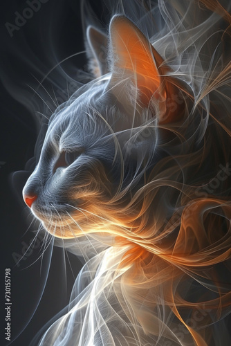 A close-up of a cat's head formed by light.