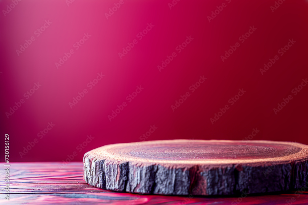 Empty round wooden podium for presentation against magenta glowing background. Show case for your products. Concept scene stage for montage new product and promotion sale Empty round wooden podium for presentation against magenta glowing background. Show case for your products. Concept scene stage for montage new product and promotion sale