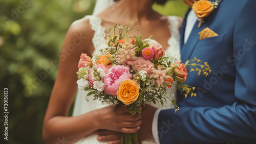 In the midst of the wedding ceremony  the bride  dressed in a meticulously crafted lace gown  stood beside the groom  her hand holding a delicate bouquet of roses.